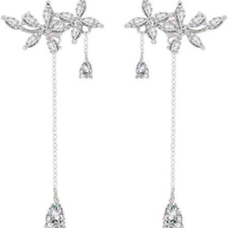 925 Sterling Silver Flowers Wrap Earrings Dangle Chain for Women Elegant Bridal Wedding Earrings Engagement Drop (A-Silver)