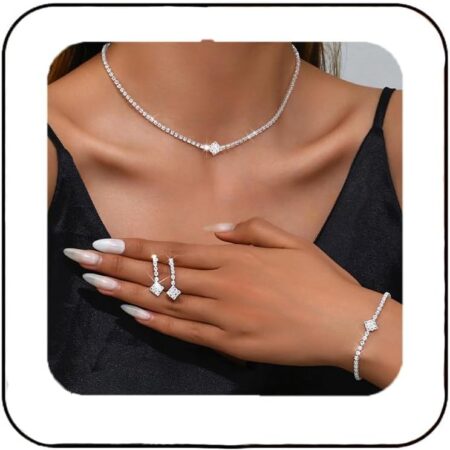 Silver Bridal Wedding Jewelry Set Sparkly Rhinestone Necklace Earrings Bracelet Sets Formal Costume Jewelry for Women and Brides
