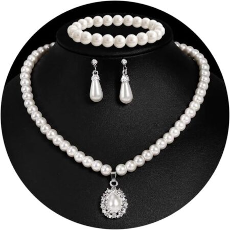 Pearl Necklace and Earring Set Faux Pearl Prom Jewelry Sets for Women Imitation Beaded Pearl Necklace Bracelet Stud Earrings for Women