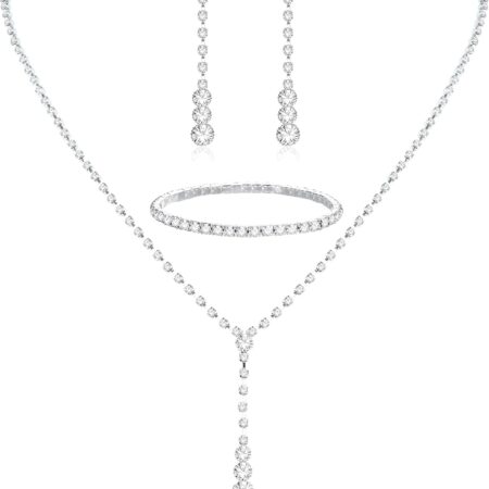 Silver Bridal Jewelry Set Rhinestone Necklace Bracelet Dangle Earrings for Bride Bridesmaid Teardrop Pendant Crystal Wedding Prom Jewelry Accessories for Women