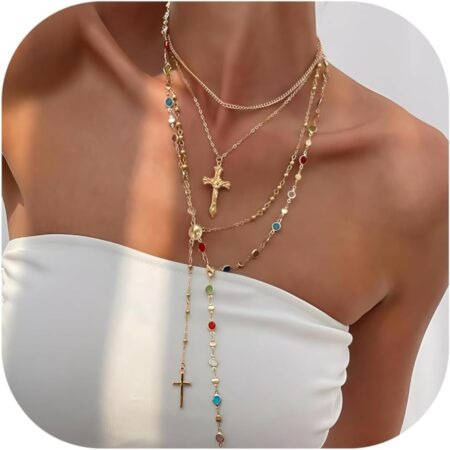 4-piece women's multi-layer gold cross necklace set
