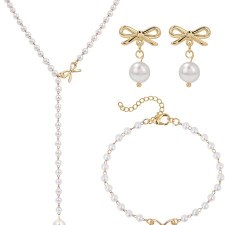 Pearl Jewelry Set for Women Wedding Pearl Necklace Bracelet Earrings Set Bride Bridesmaid Dainty Jewelry Gift for Women Girl