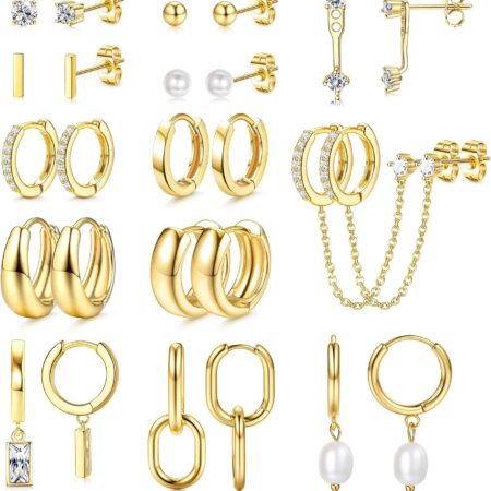13 Pairs Small Gold Hoop Earrings Set for Women 14K Gold Plated Lightweight Hoops Hypoallergenic Pearl Dainty Stud Hoop Earrings for Gift