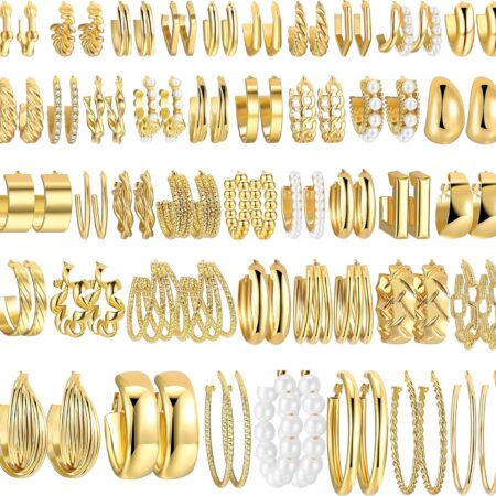 42 Pairs Gold Hoop Earrings Set for Women, Fashion Chunky Pearl Earrings Multipack Twisted Statement Earring Pack, Hypoallergenic Small Big Hoops Earrings for Birthday Party